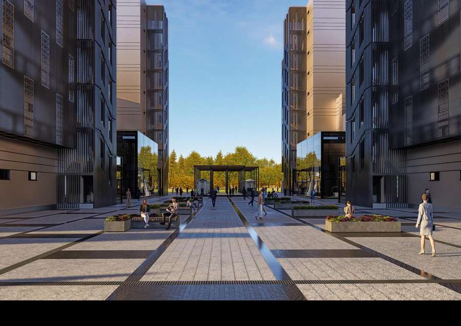 Pedestrian corridor through Vision Business Park towards the central plaza