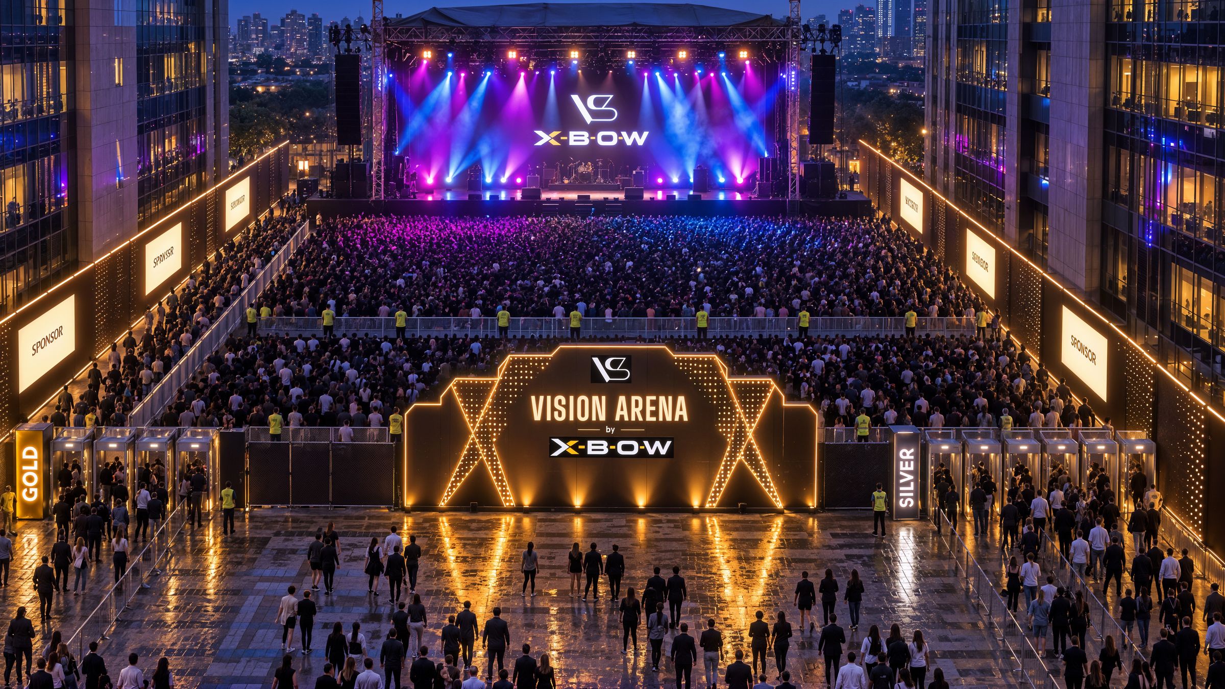 Vision Arena by XBow from above: stage, floor, Gold and Silver entries and the sign wall