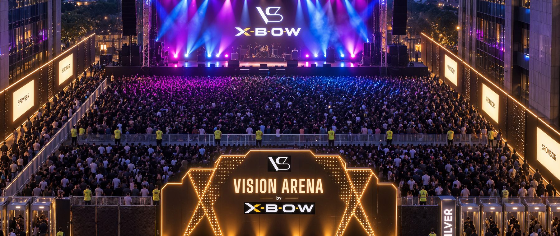 The arena from above: Gold entry on the left, Silver on the right, the stage at the far end
