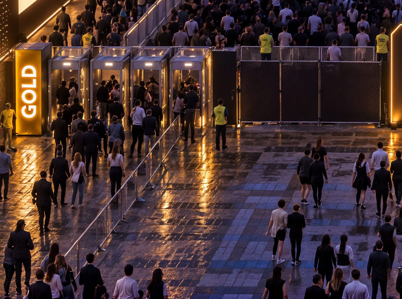 The Gold entry: lanes, barricades and the identity wall, lit at night