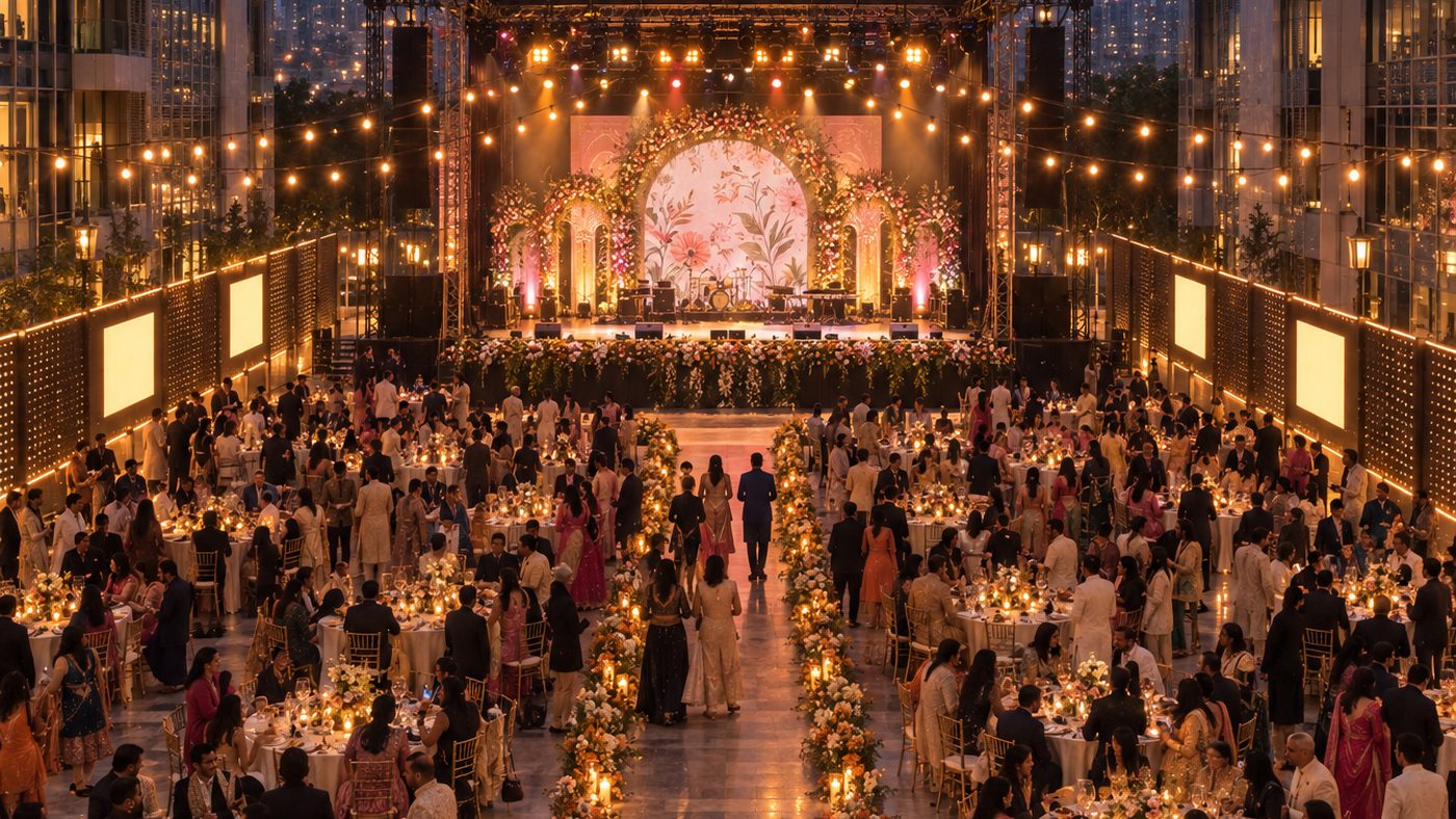 A sangeet laid out with round tables and a lit stage