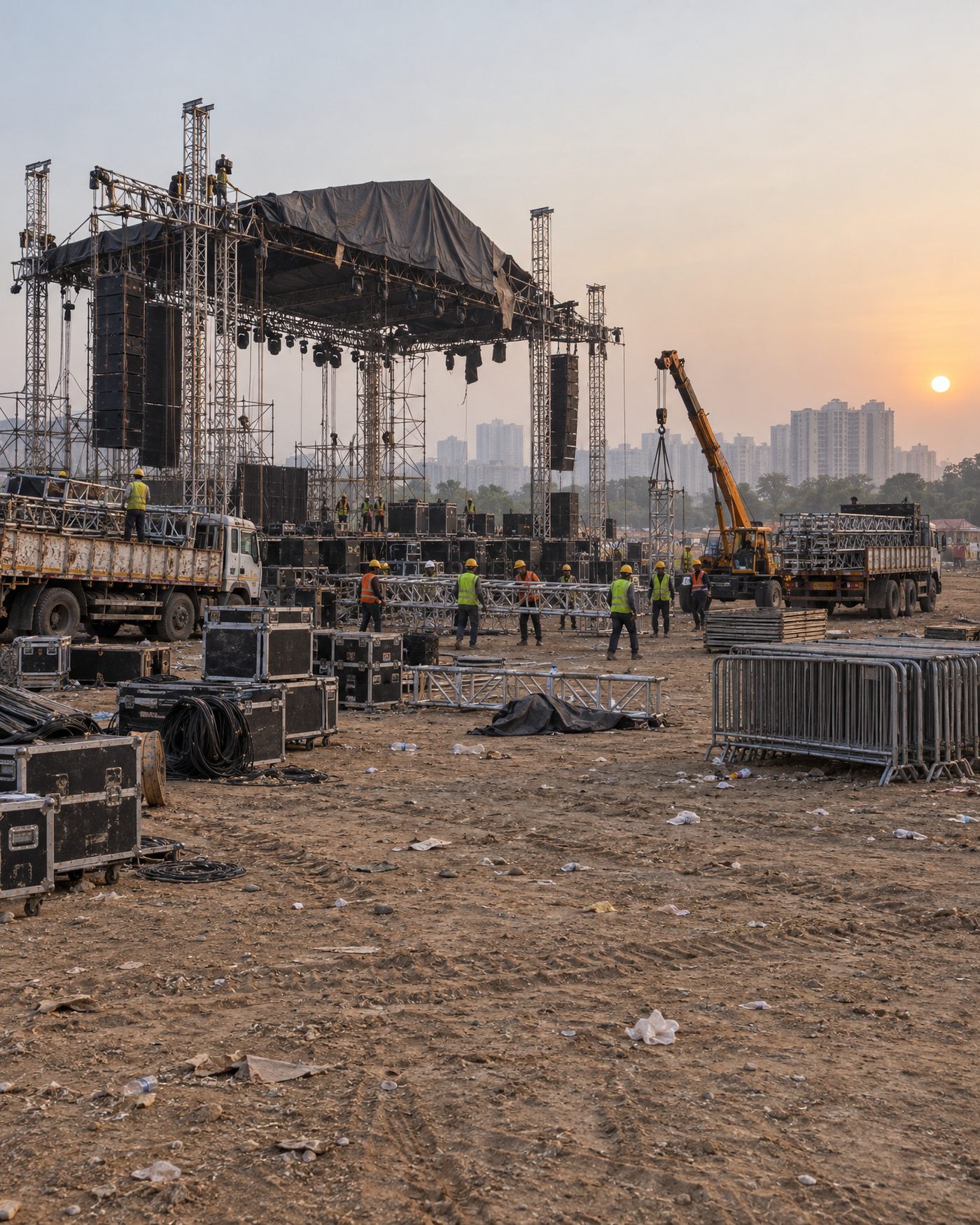 A temporary ground build: scaffold stage and truss going up on an open field